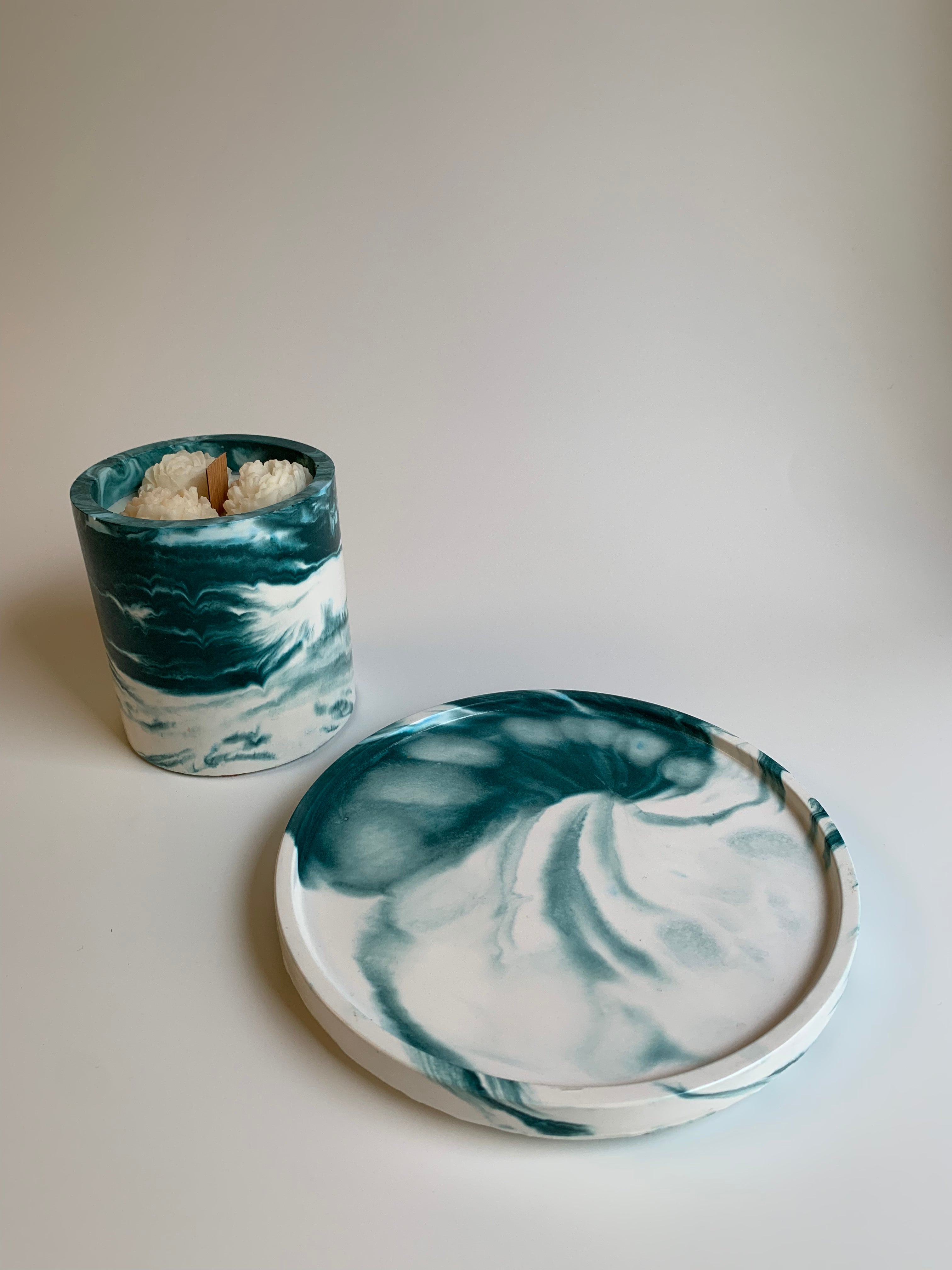 Floral scented candle set | Dark turquoise marble color