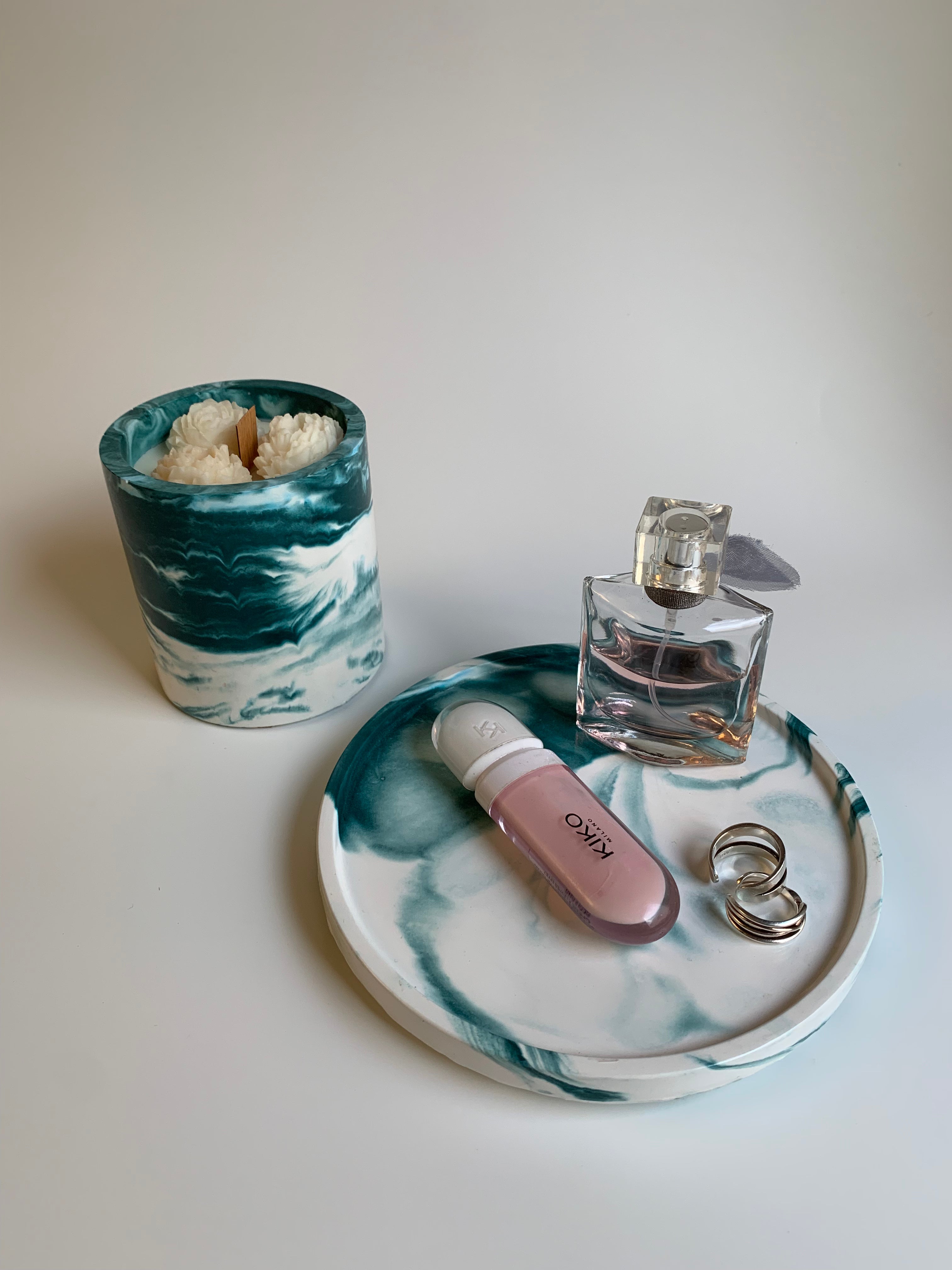 Floral scented candle set | Dark turquoise marble color